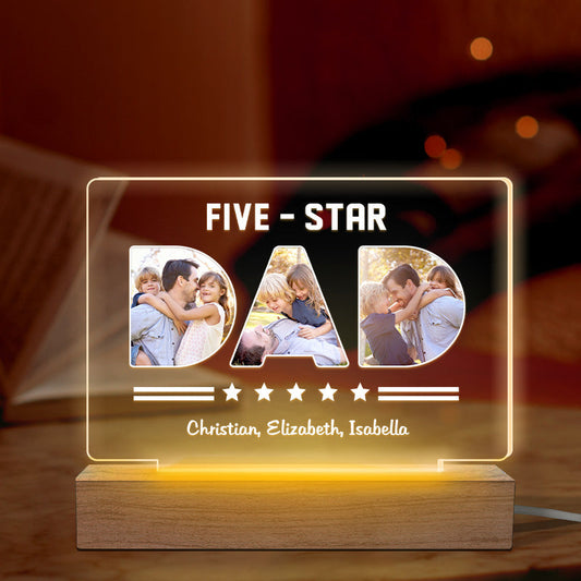 Custom Photo Five Star Dad Papa - Family Personalized Custom Rectangle Shaped 3D LED Light - Father's Day, Birthday Gift For Dad, Grandpa